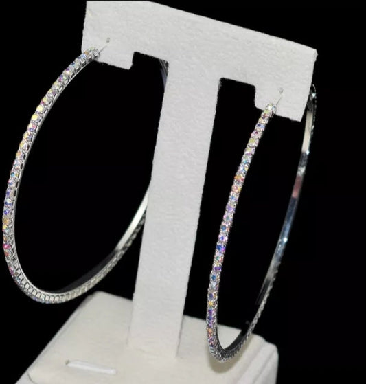 Silver Plated, AB Crystal Big Hoop Earrings