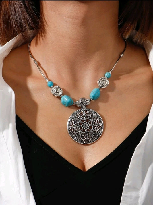 Turquoise Round Charm Necklace - Antique Silver