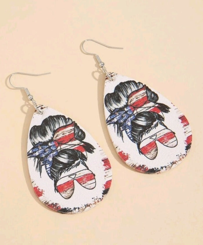American Flag, Messy Bun, Water Drop Style Earrings