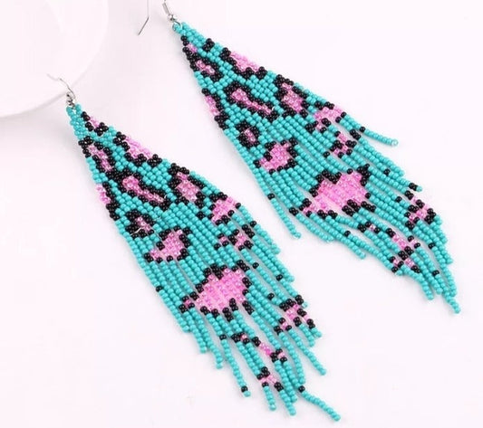 Leopard Print, Seed Bead Teal and Pink Earrings