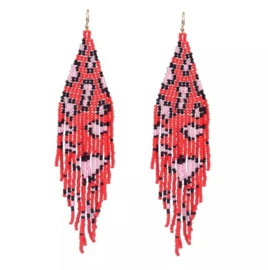 Leopard Print, Seed Bead Earrings (Red and Pink)