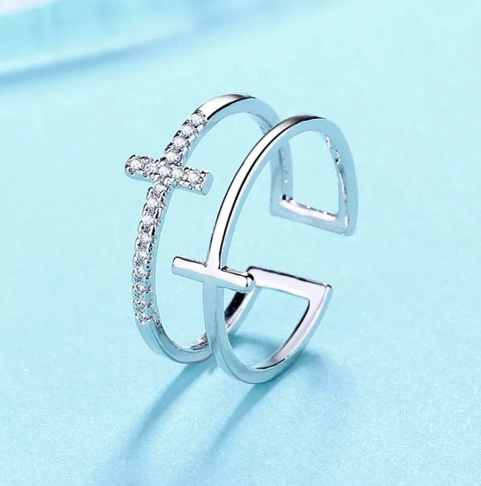 Double-Layer Cross with AAA CZ Stones, Adjustable Ring (Silver or Gold)