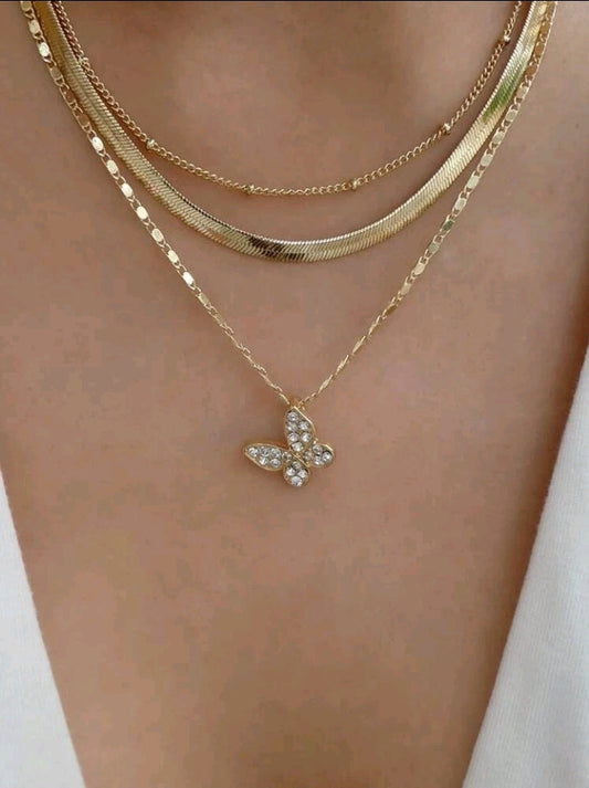 Rhinestone Butterfly Pendant Layered Necklace