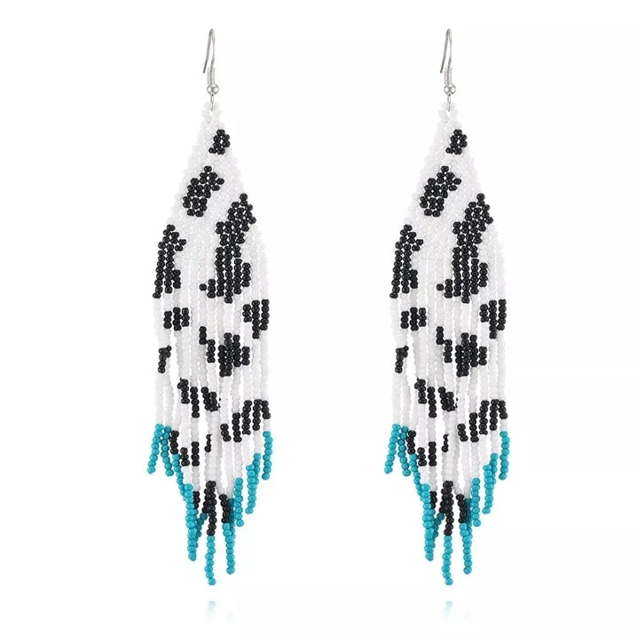 Cow Pattern with Teal Tips, Handmade Boho Seed Bead Earrings