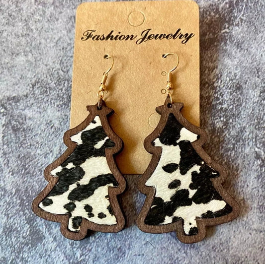 Christmas Tree Wood Cow Print  or Red / Green Glitter, Genuine Leather Earrings