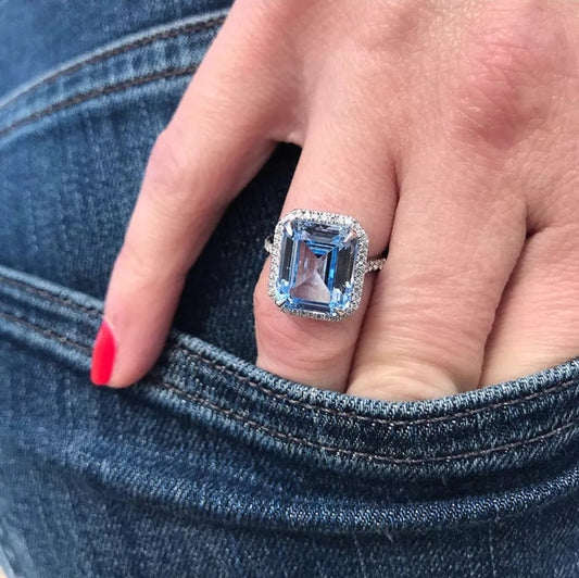 Elegant Large Blue Stone with AAA Cubic Zirconia, Silver Plated Ring