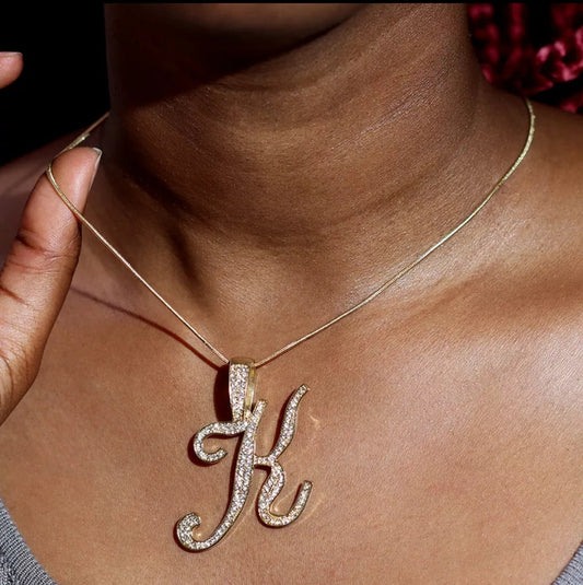 Bling Iced Out Paved Rhinestone Cursive Letter Pendant with Necklace