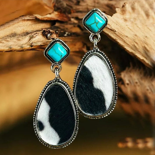 Dainty Vintage Cow Pattern with Turquoise Earrings
