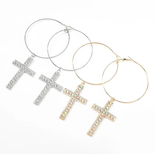 New Trendy Women's Rhinestone Cross Earrings