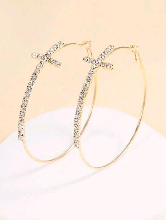 Rhinestone Cross Hoop Earrings