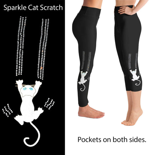 Black Cat Claw Scratch Capri Leggings Rhinestone and Glitter - Black / Cat Print / Cat Lover / Cat Pants