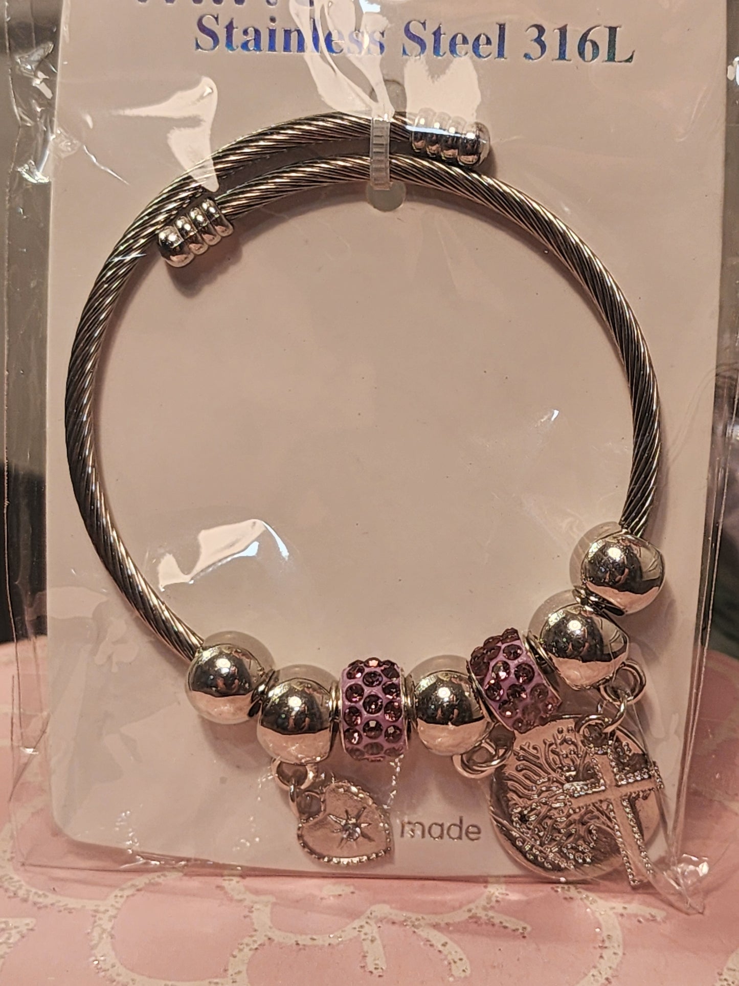 Silver Stainless Steel 3 Cross Pendants, Adjustable Charm Bracelets