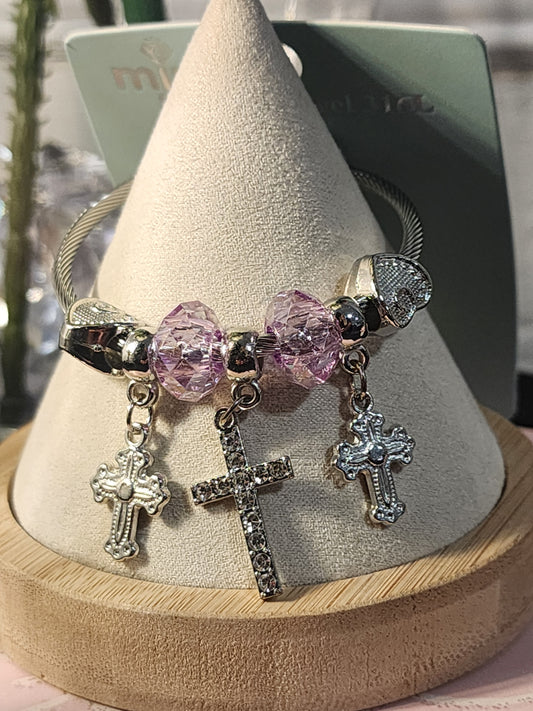 Silver Stainless Steel 3 Cross Pendants, Adjustable Charm Bracelets
