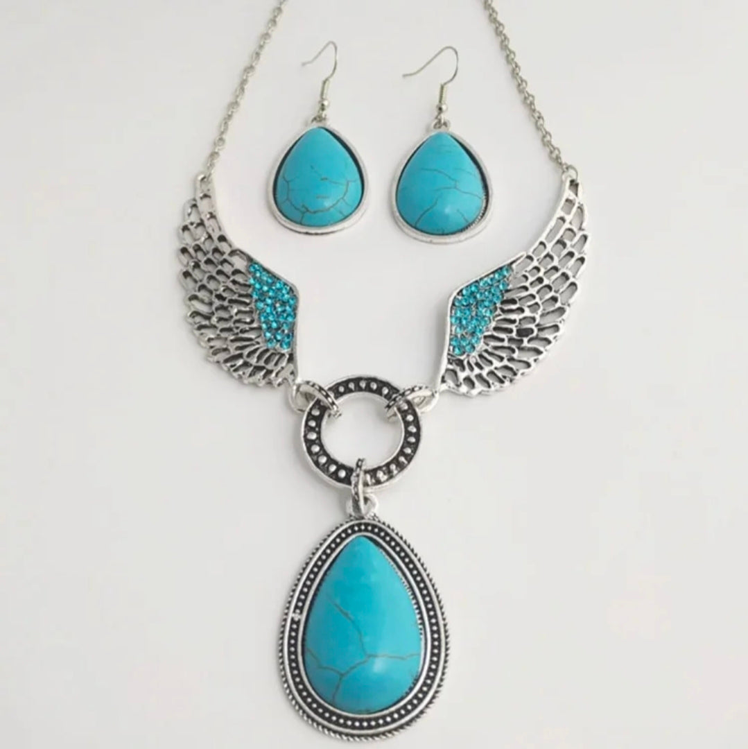 Western Boho Turquoise Necklace with Earrings Set