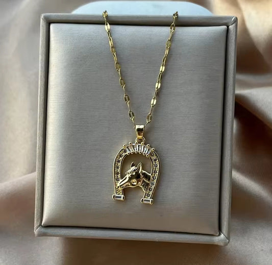 Gold Stainless Steel Horse Shoe Pendant Necklaces