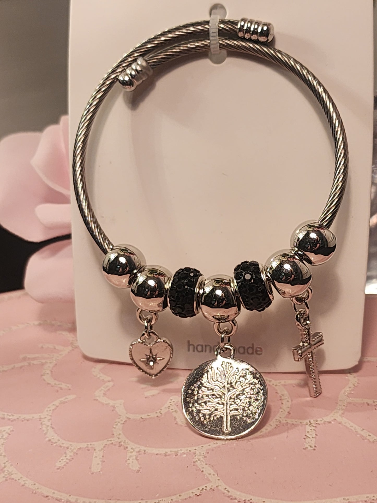 Silver Stainless Steel 3 Cross Pendants, Adjustable Charm Bracelets