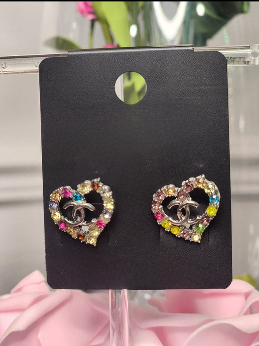 Silver Colorful Heart Shaped Earrings