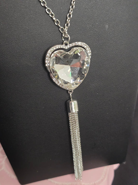 Silver Long Heart Tassel Necklace with Earrings