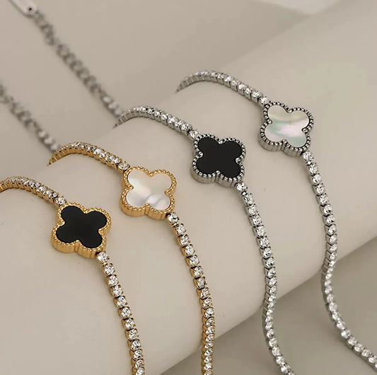 Stainless Steel Gold or Silver Clover Tennis Bracelets