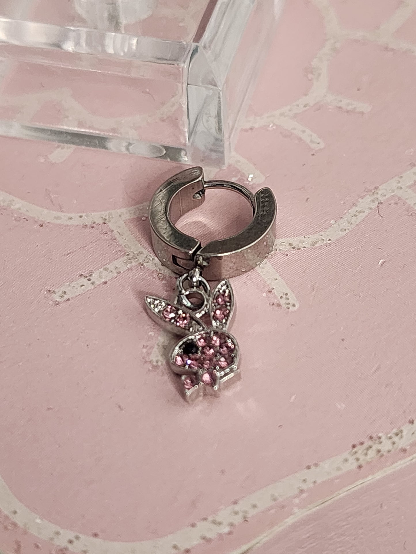 Silver and Pink Stainless Steel Bunny Earrings (Ear Huggers)