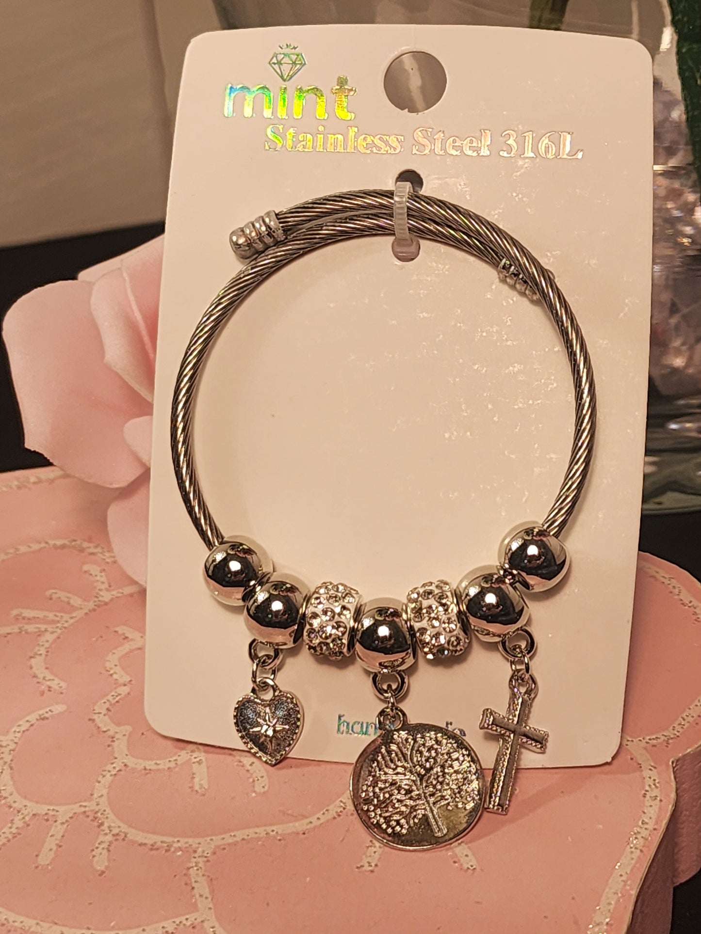Silver Stainless Steel 3 Cross Pendants, Adjustable Charm Bracelets