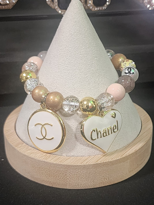 White and Gold Beaded Inspired Stretchy Bracelet