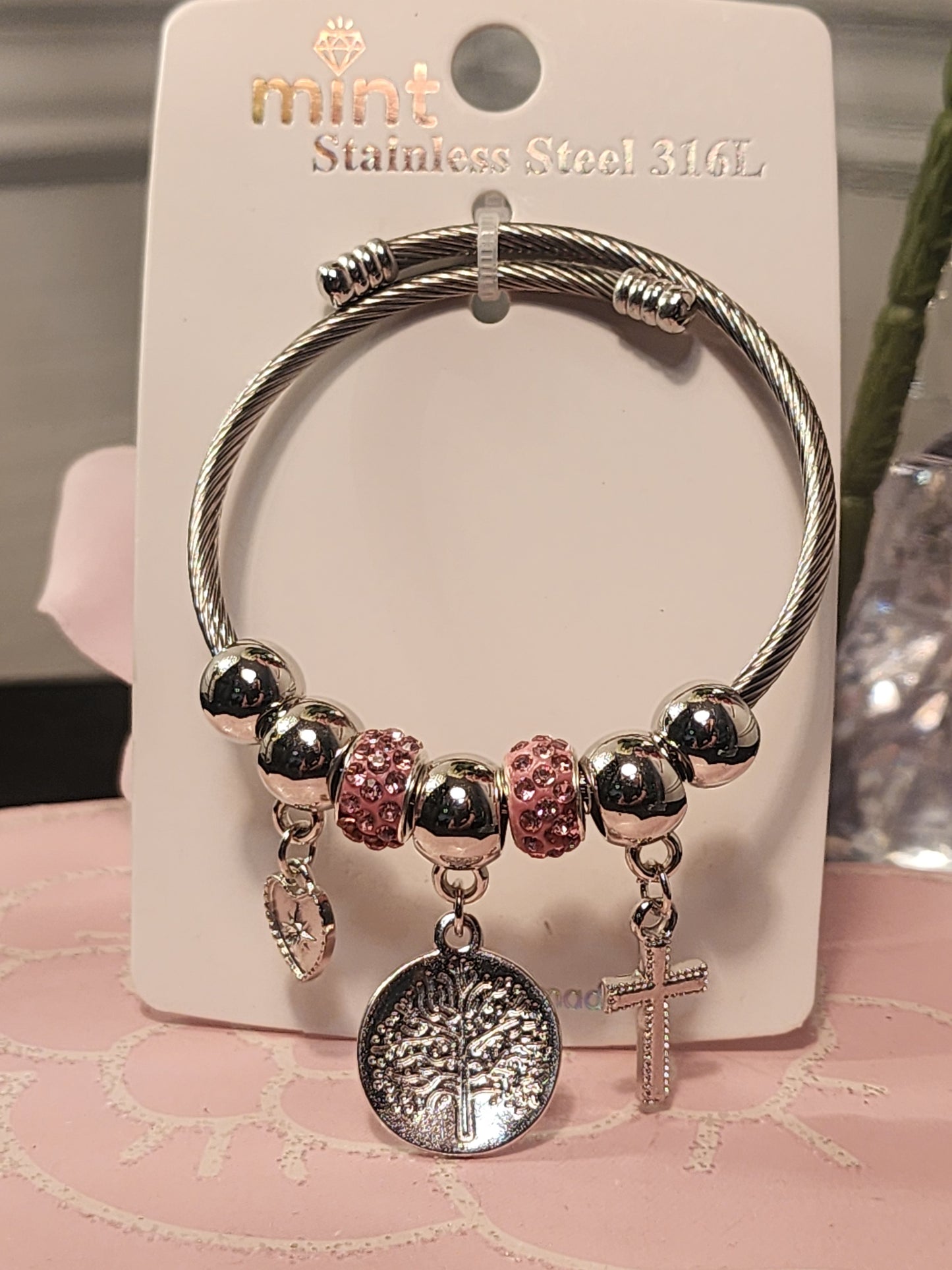 Silver Stainless Steel 3 Cross Pendants, Adjustable Charm Bracelets