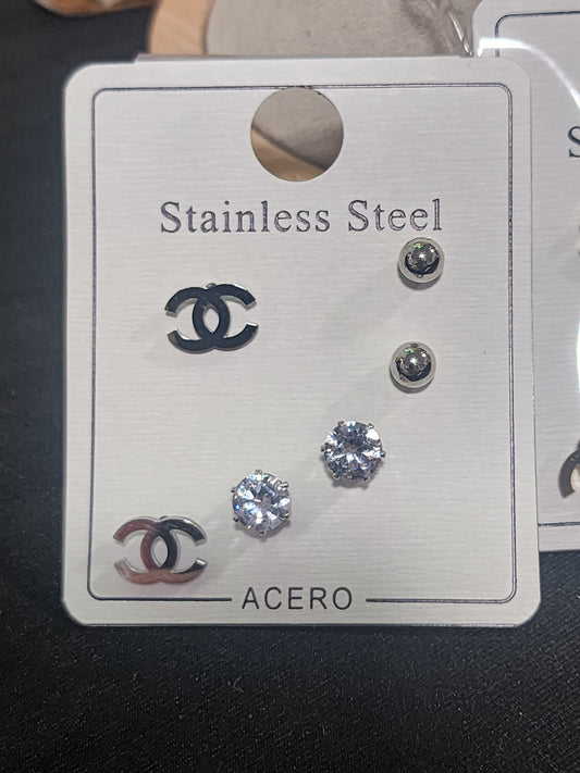 3 Pairs of Stainless Steel Gold or Silver Earrings