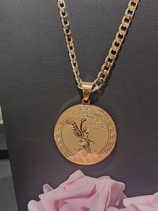 Gold Plated Mexican Bicentenario Coin Pendant with Necklace