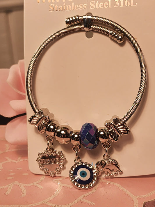 Lucky Evil Eye, Elephant Silver Stainless Steel Charm Bracelets