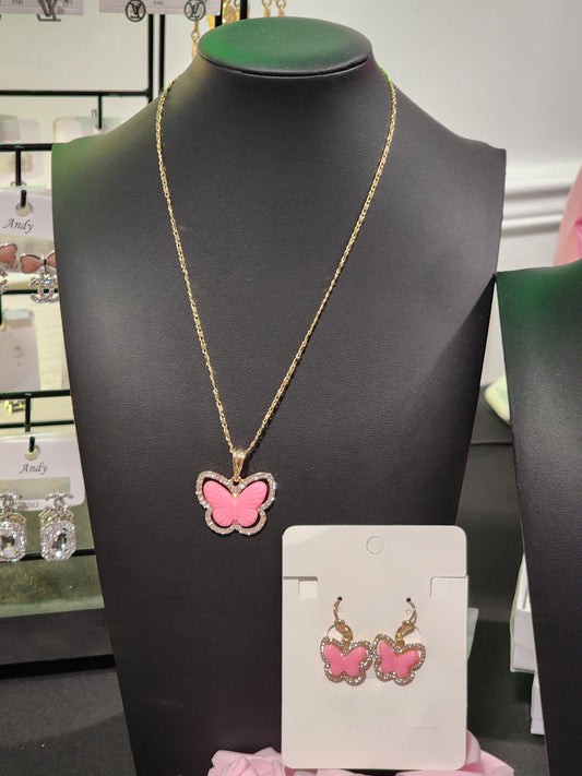 Gold Butterfly Necklace with Earrings Sets
