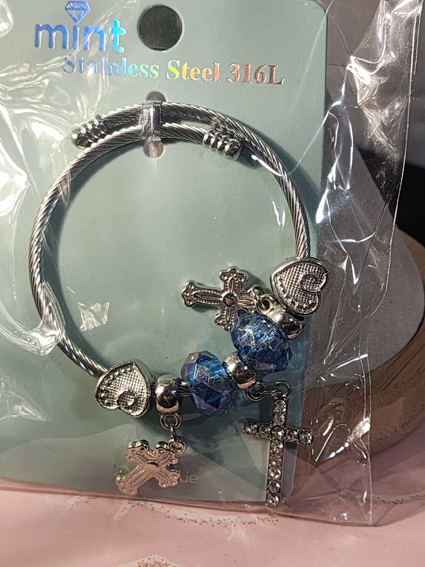Silver Stainless Steel 3 Cross Pendants, Adjustable Charm Bracelets