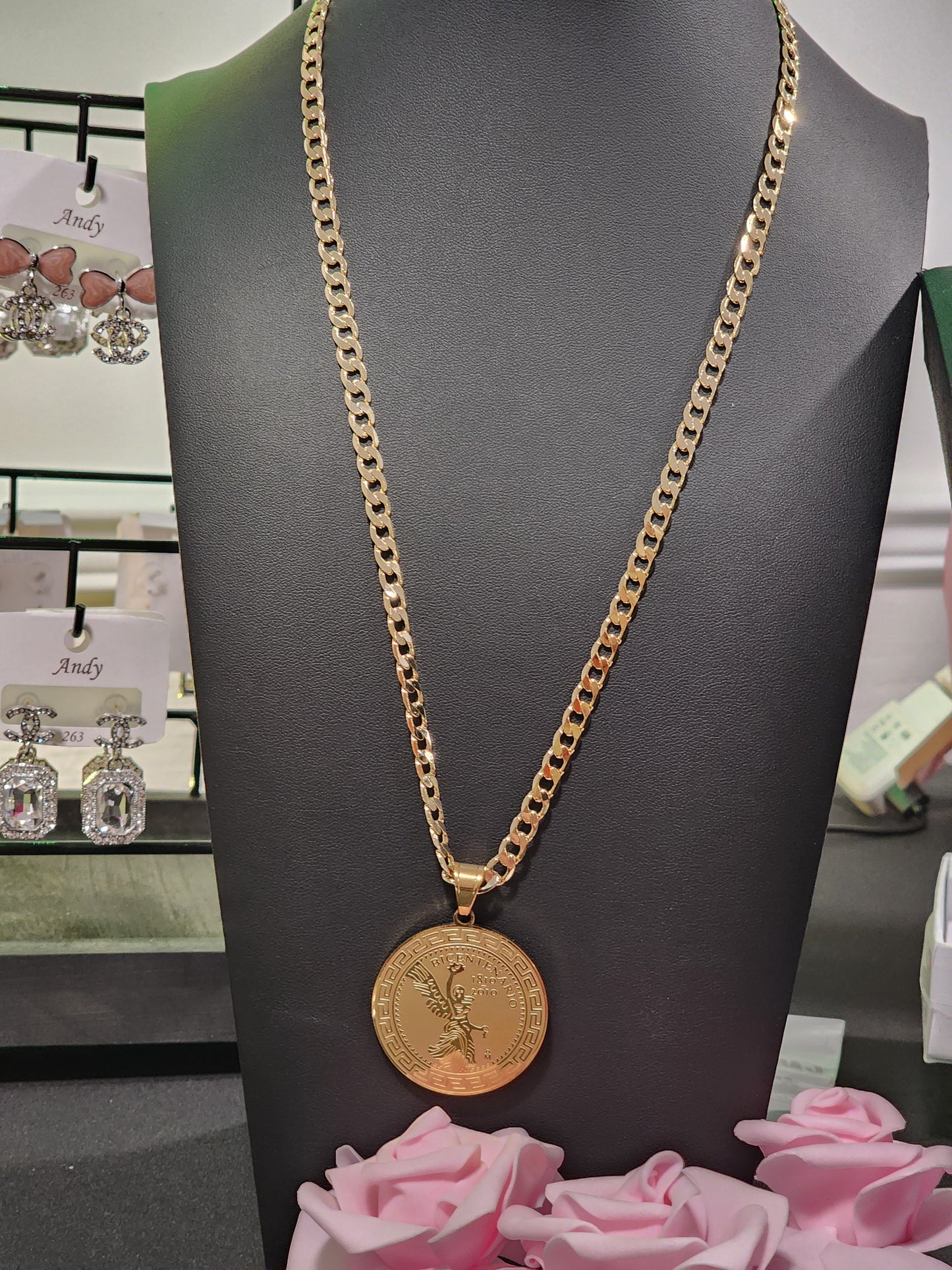 Gold Plated Mexican Bicentenario Coin Pendant with Necklace