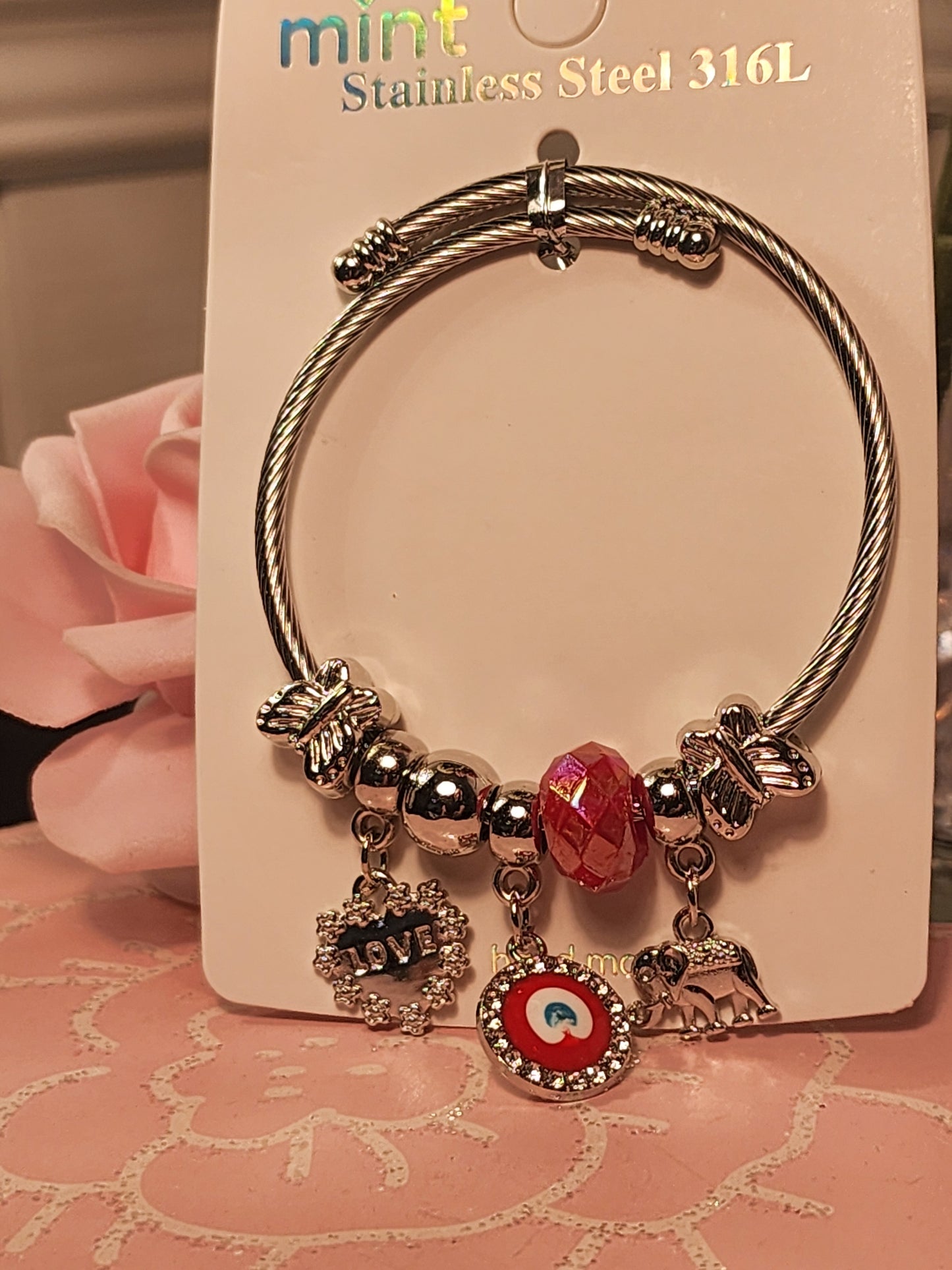 Lucky Evil Eye, Elephant Silver Stainless Steel Charm Bracelets
