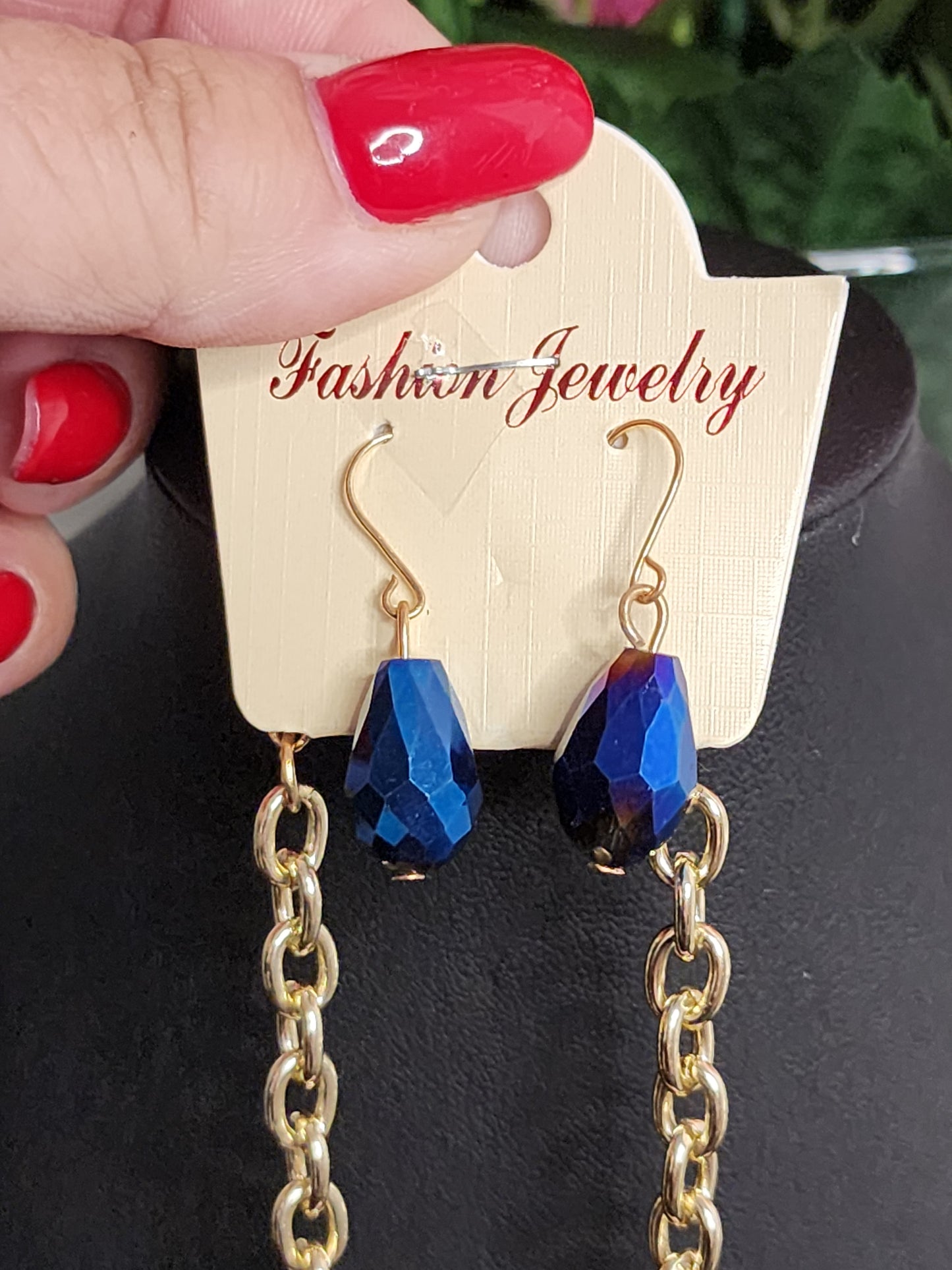 Gold Necklace with Blue Stones Necklace with Earrings